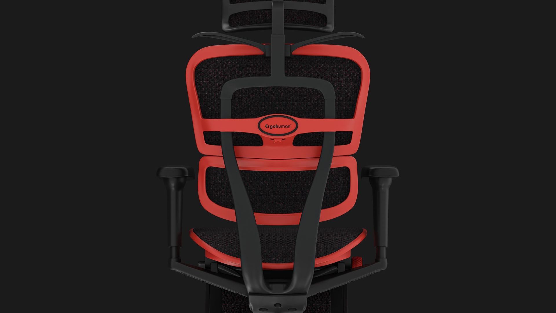Back view of the Ergohuman Ultra gaming chair with a red frame, coathanger popped open, black background.