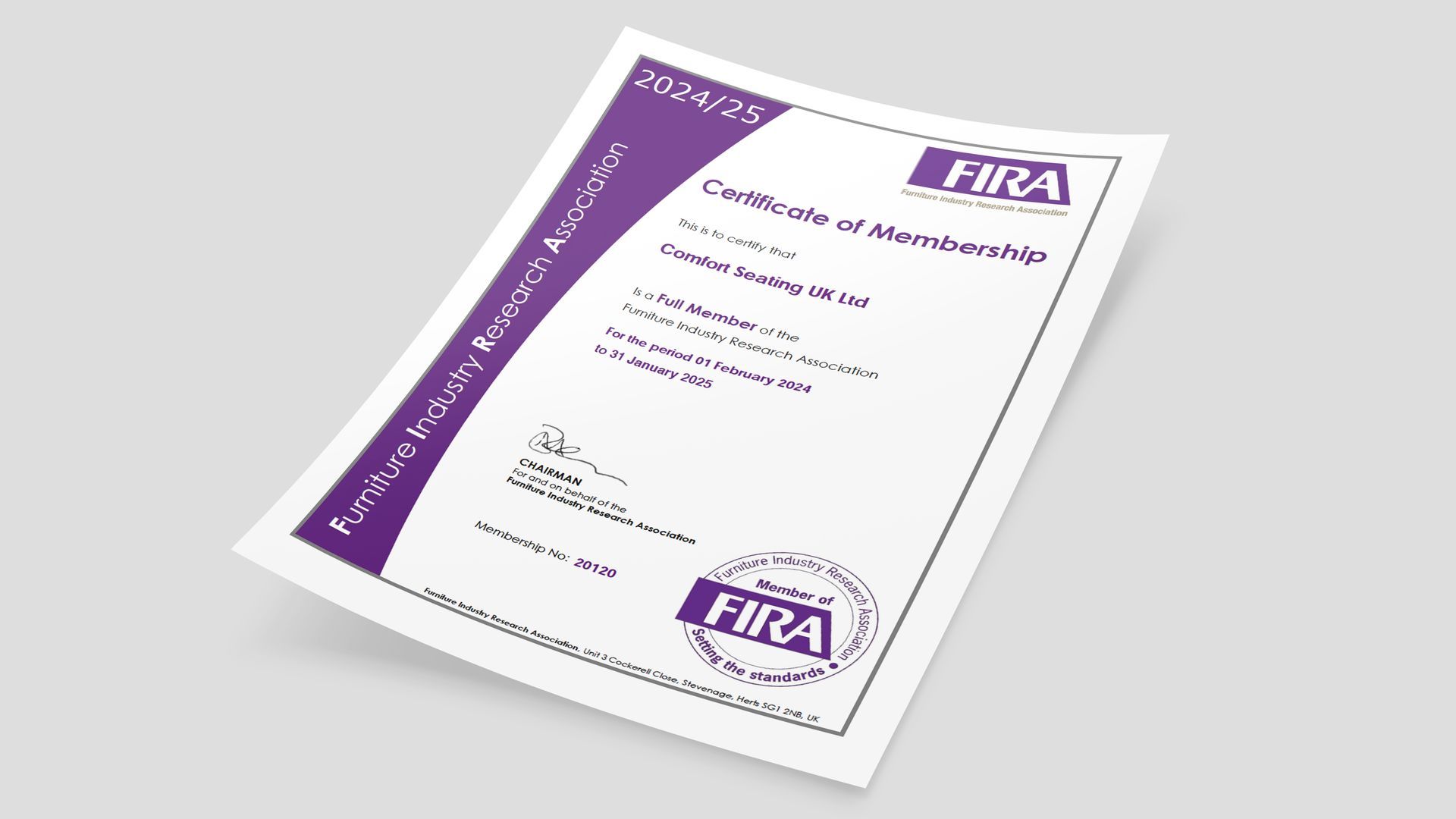 A photo of the FIRA membership certificate to certify that Comfort Seating - owner of Ergohuman - is a full member.