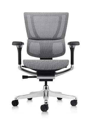 Grey Mirus office chair with black frame.