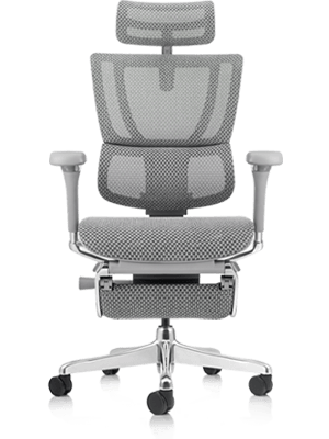 Grey Mirus office chair with grey frame, including headrest and legrest.