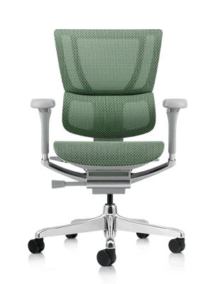 Green office chair with grey frame.