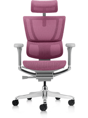 Pink Mirus Elite G2 chair with grey frame, including headrest.