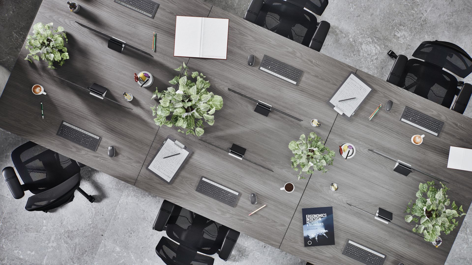 A plan view of Comfort Seating UK's Project Enjoy G2 Enjoy Ultra chair sat along a run of desks in a modern office. The ergonomic office chairs have a black frame with black mesh.