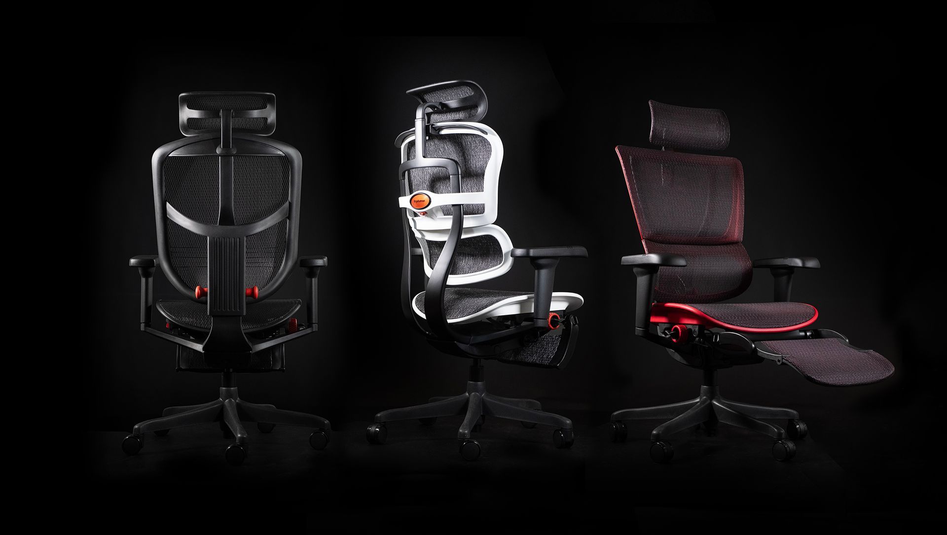 Three Ergohuman gaming chairs on a black background