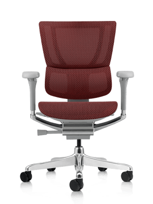 Red Mirus office chair with grey frame.
