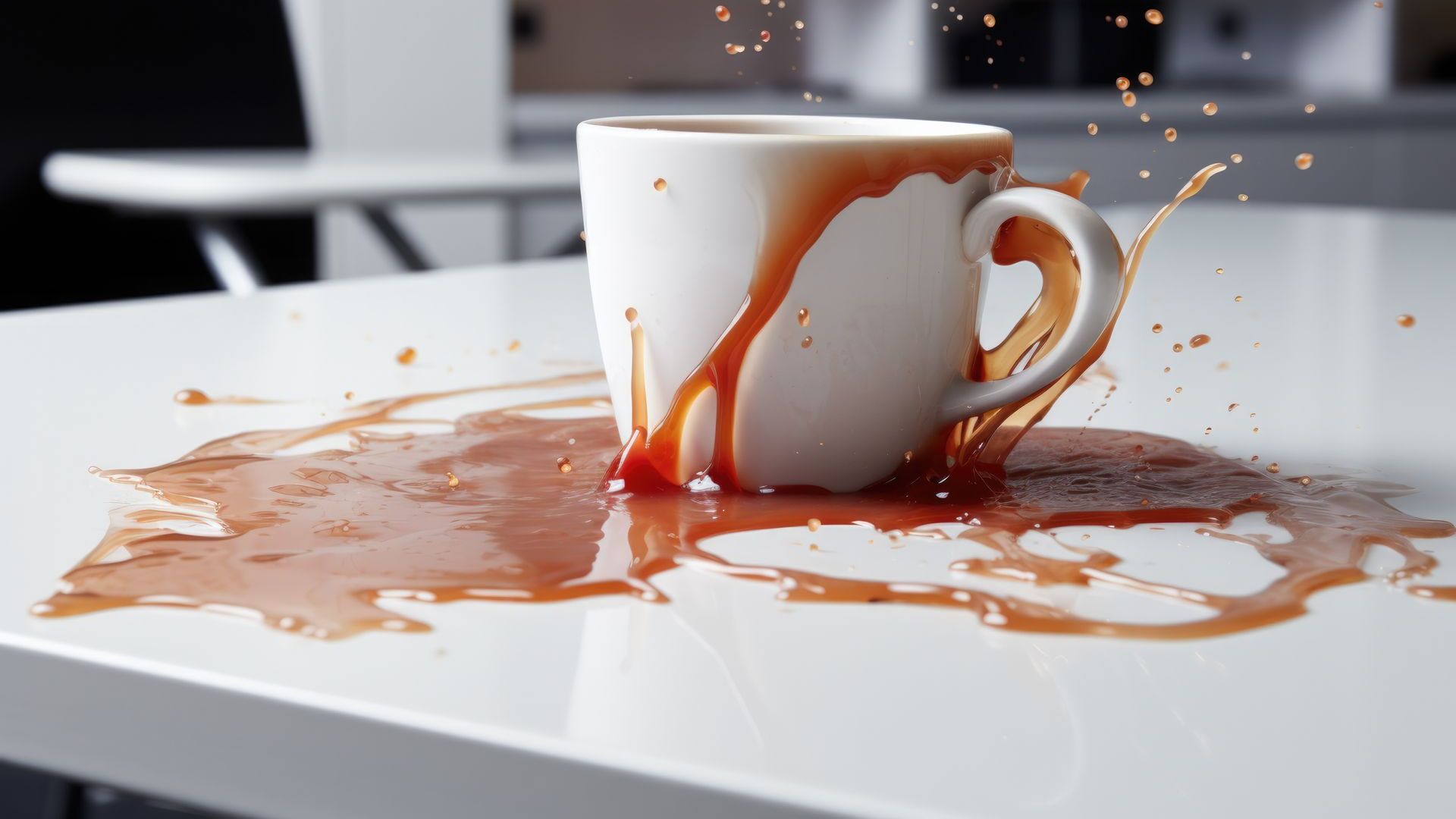 Coffee dramatically spilling out of a white mug onto a white table.