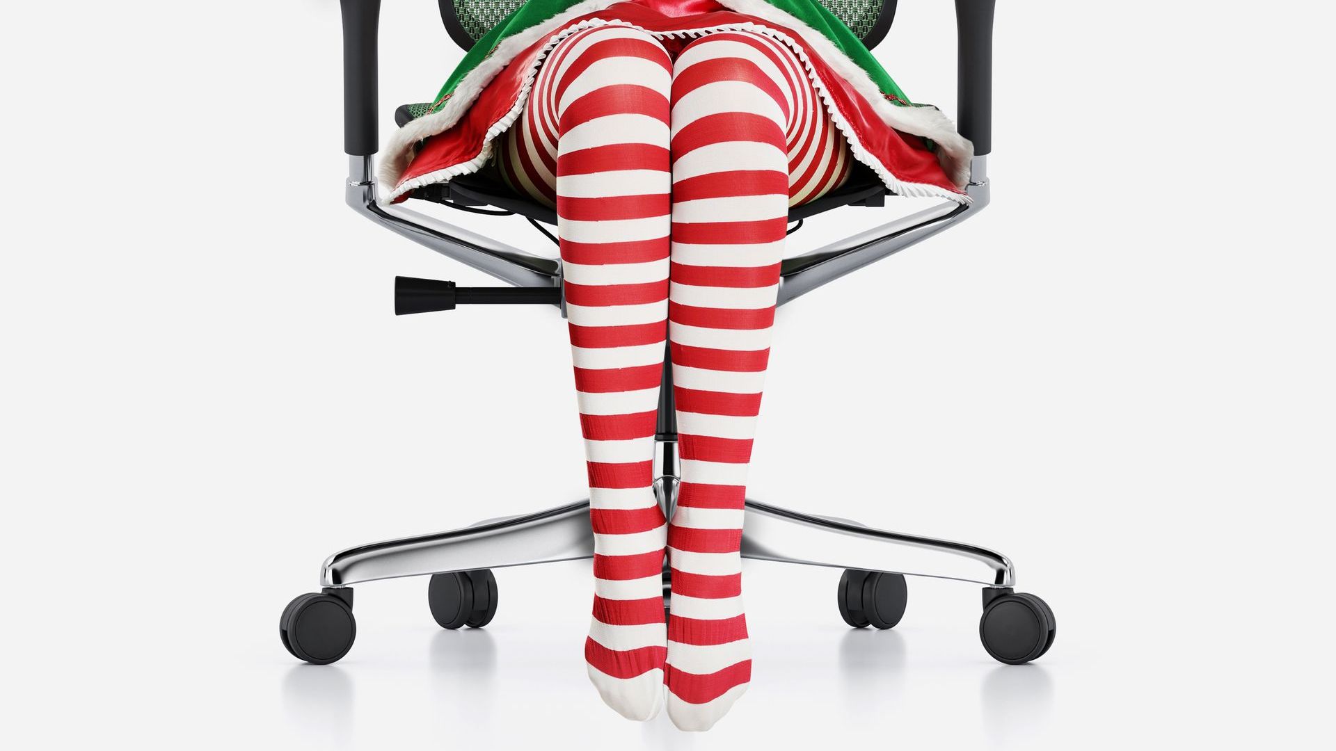 A female elf sits in an Ergohuman chair 