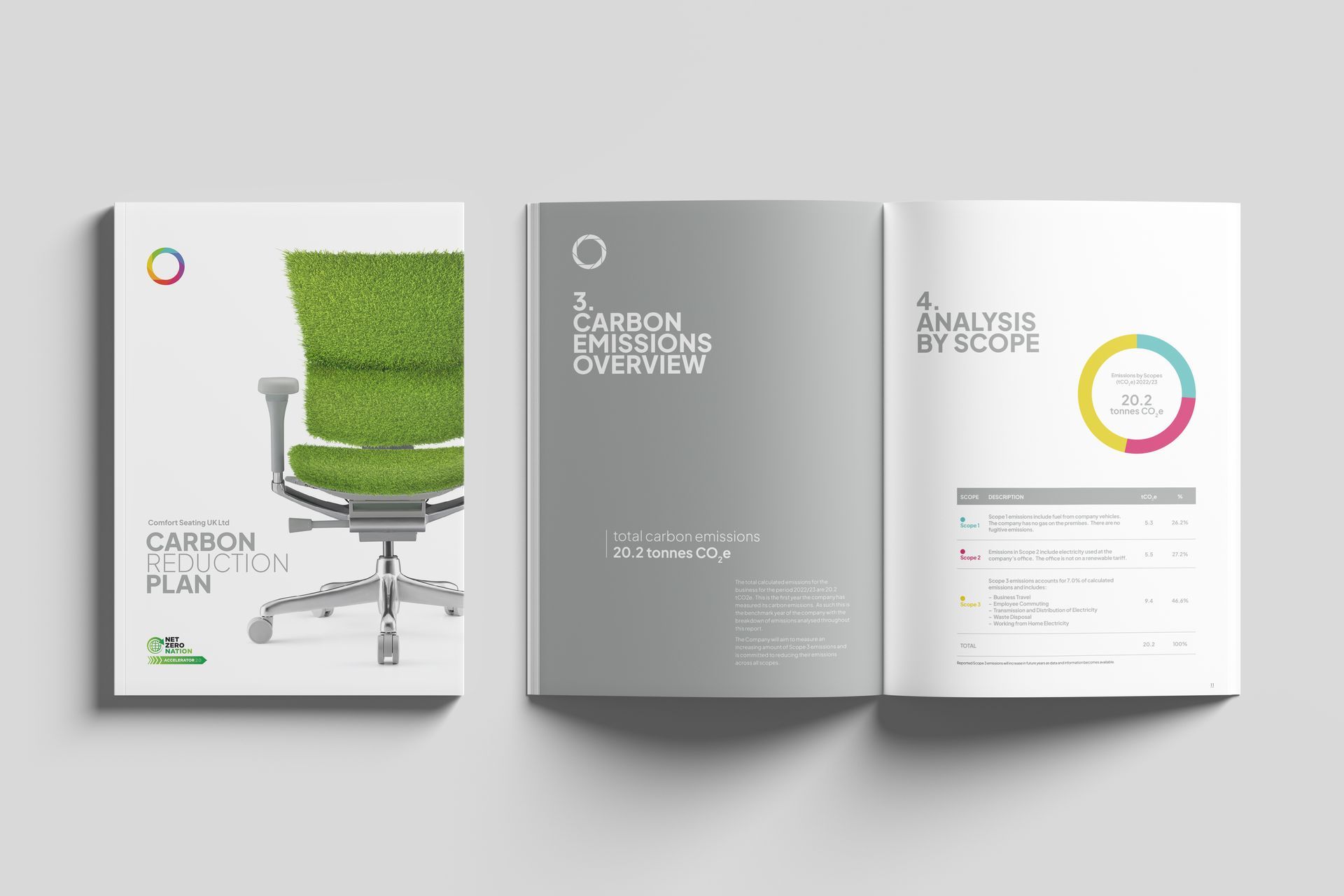 Open Carbon Reduction Plan booklet on a grey table. 