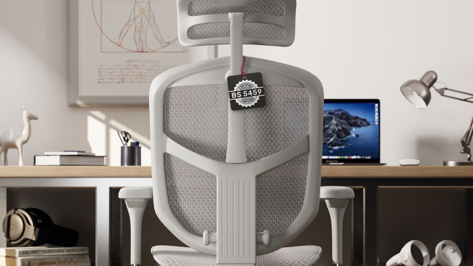 Grey Enjoy Elite at a desk with a tag showing the Britsih Standards 5459 certification