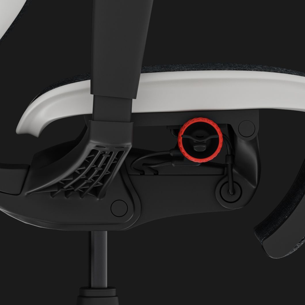 Close up of the profile view of the synchro tilt mechanism on the black Enjoy Ultra. The mechanism is circled in red, making it stand out. 