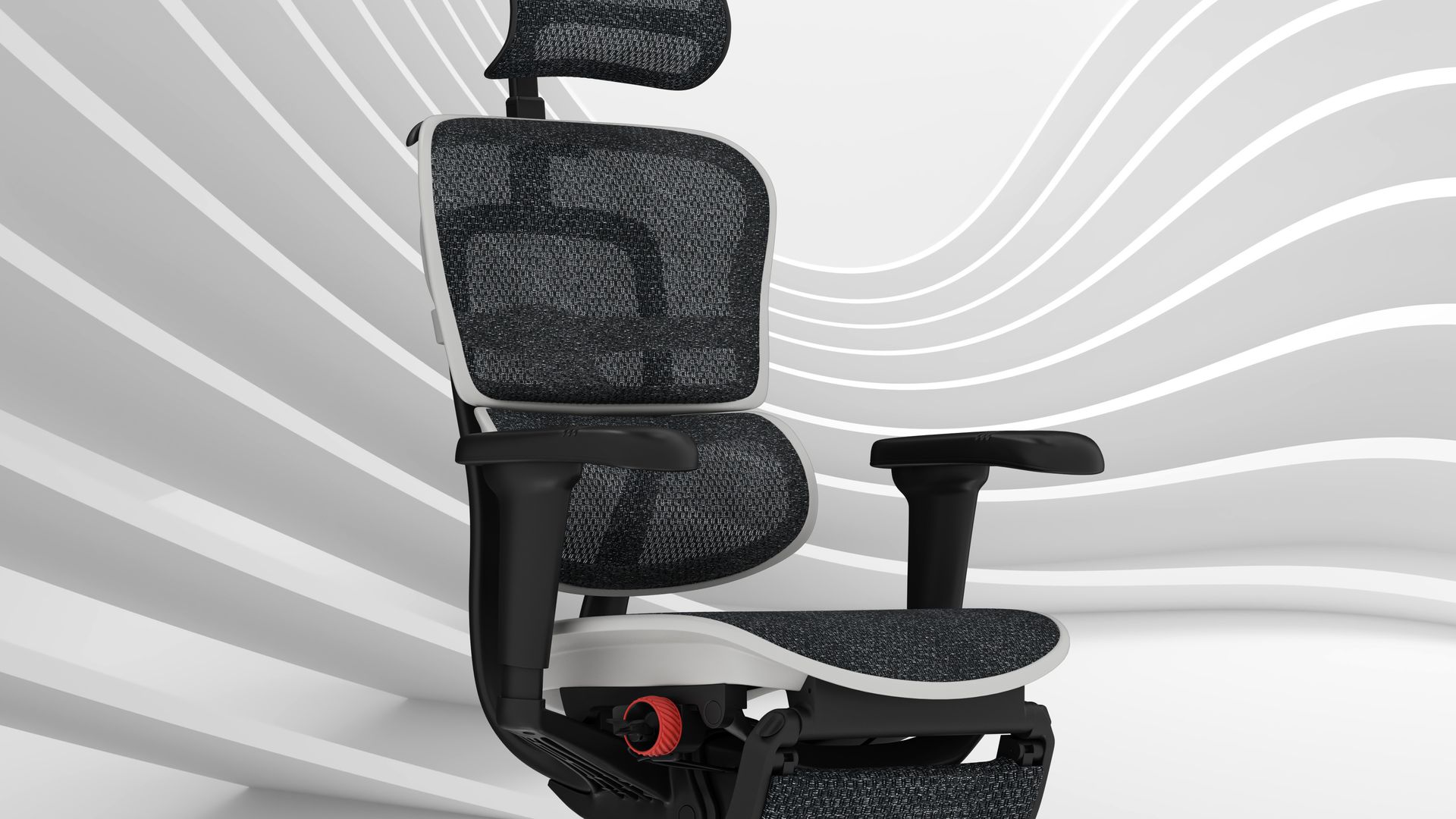 Ergohuman Ultra in white frame in front of a white background with swirly white detailing on the wall