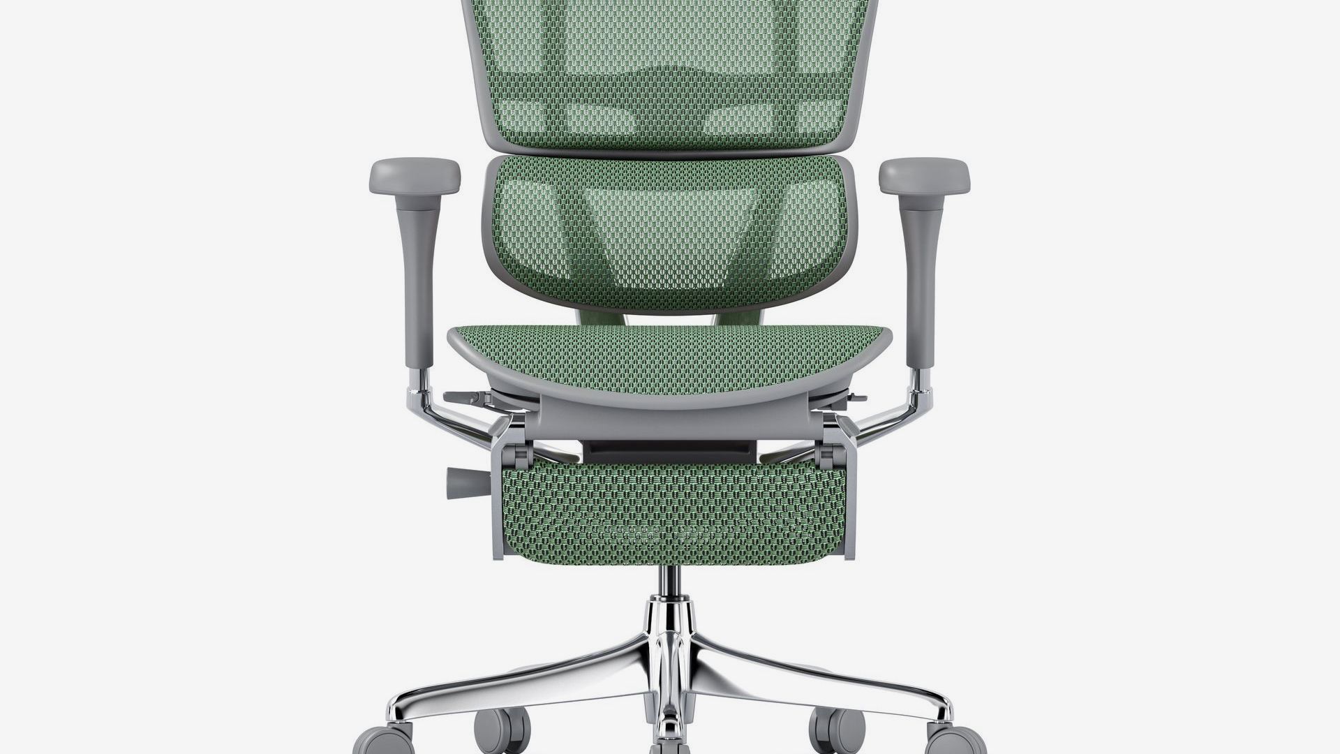 Ergohuman grey frame green mesh front view with legrest down