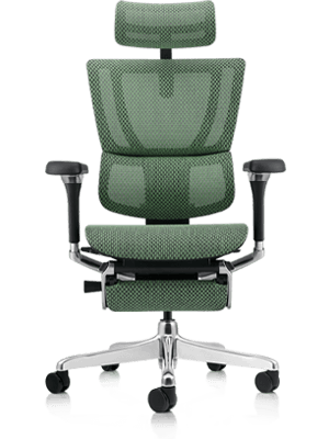 Green office chair with black frame, including headrest and legrest.