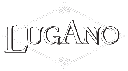 "Lugano" in schreeflettertype, in een decoratieve ruitvormige omlijsting.