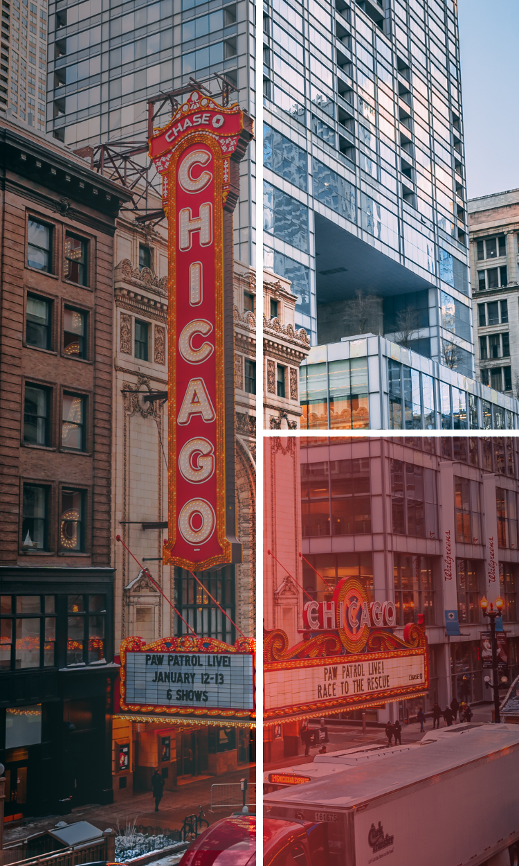 A collage of three pictures of a city with a sign that says chicago on it.