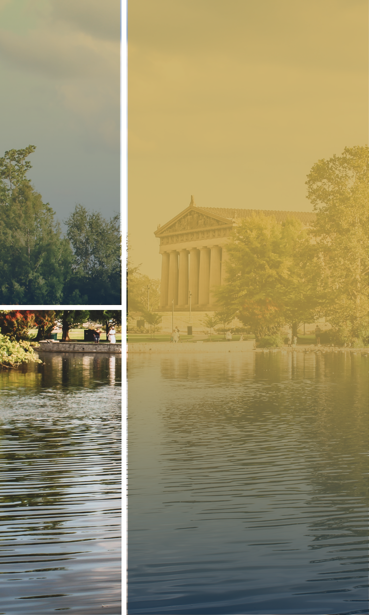 A collage of three pictures of a lake with a building in the background