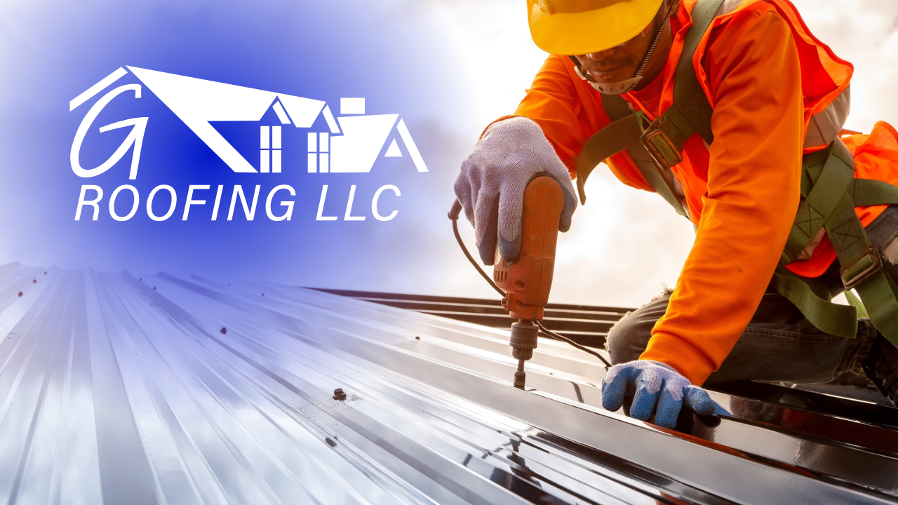 Roofing LLC logo with worker in orange safety gear installing metal roofing panels