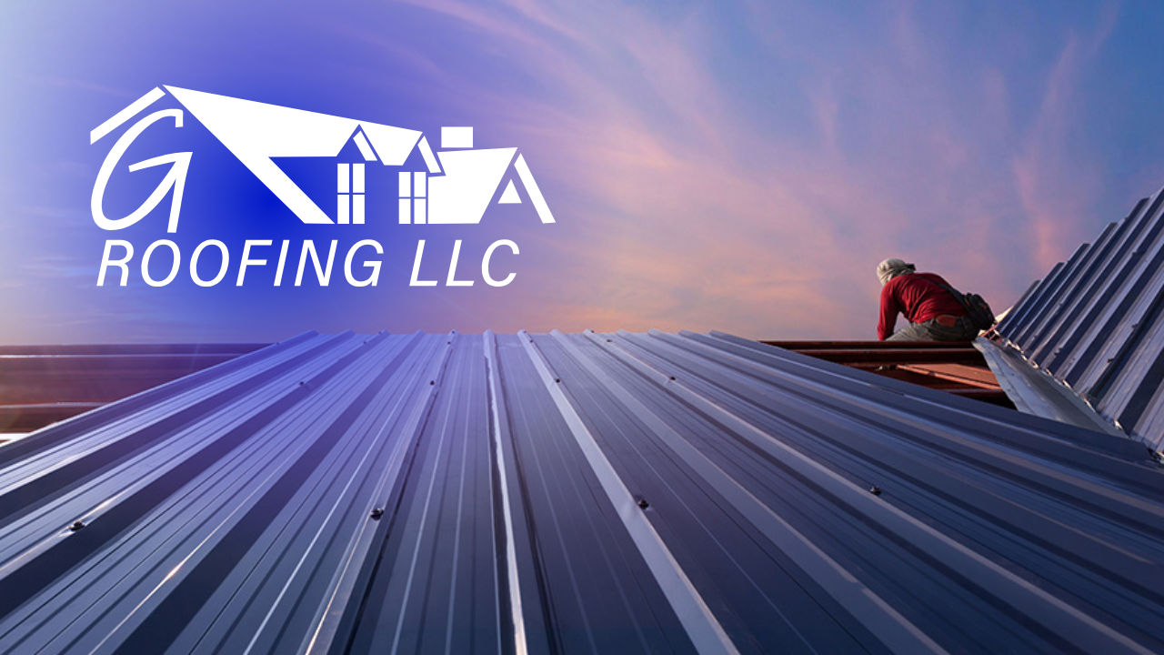 Roofing LLC logo over a metal roof with a roofer working at sunset