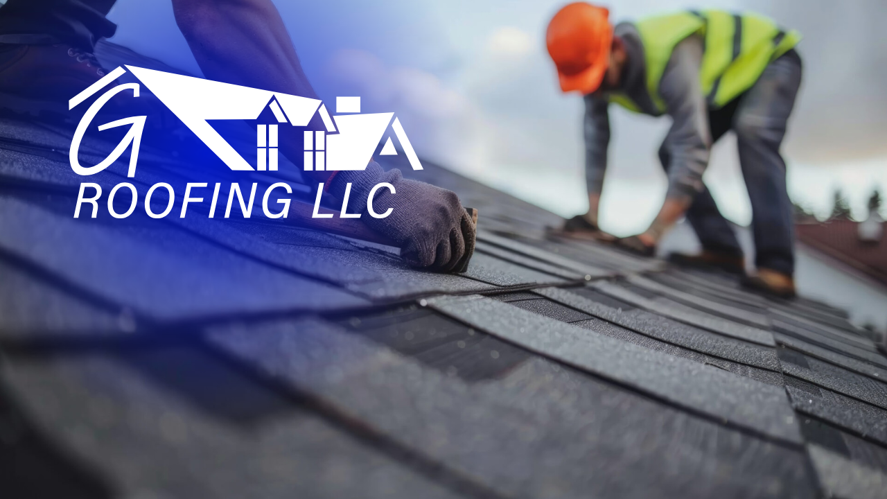 Roofing LLC workers installing shingles on a roof, with logo overlay and blue sky background