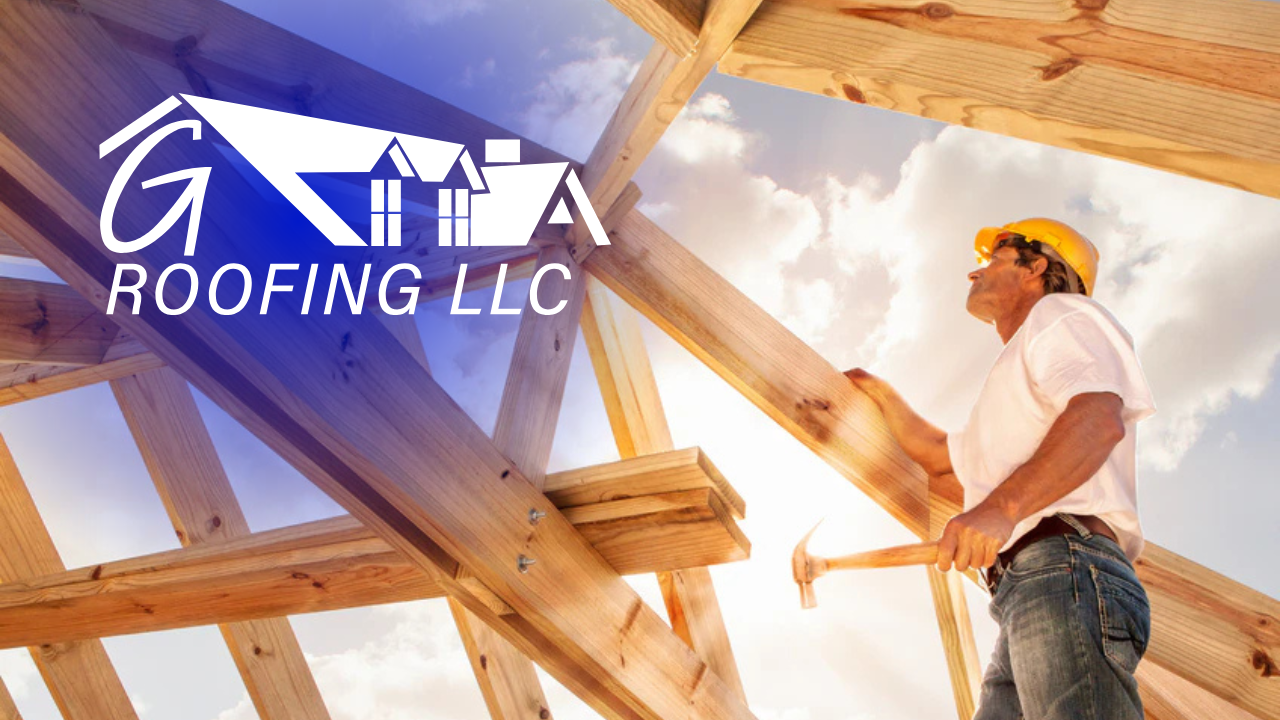 Roofing worker on wooden beams in sunlight with GVA Roofing LLC logo