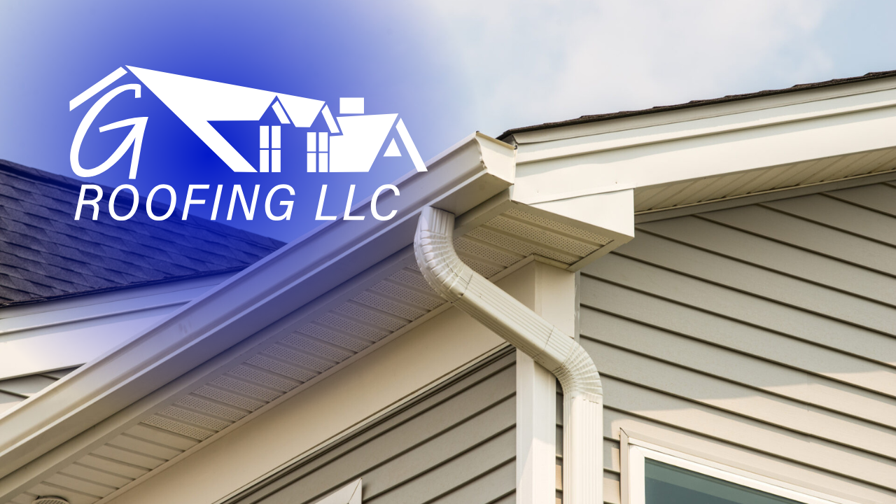 Roofing LLC logo over a beige house roof and gutter against a blue sky