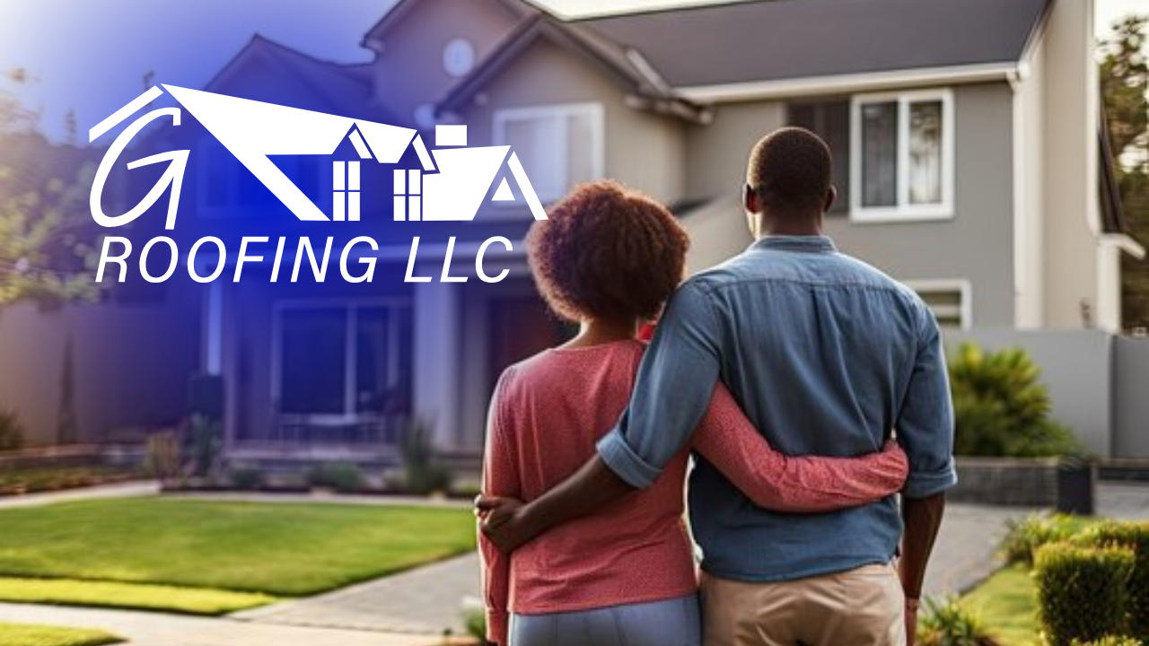 Couple stands arm in arm outside a suburban house with “Roofing LLC” logo overlaid on the left