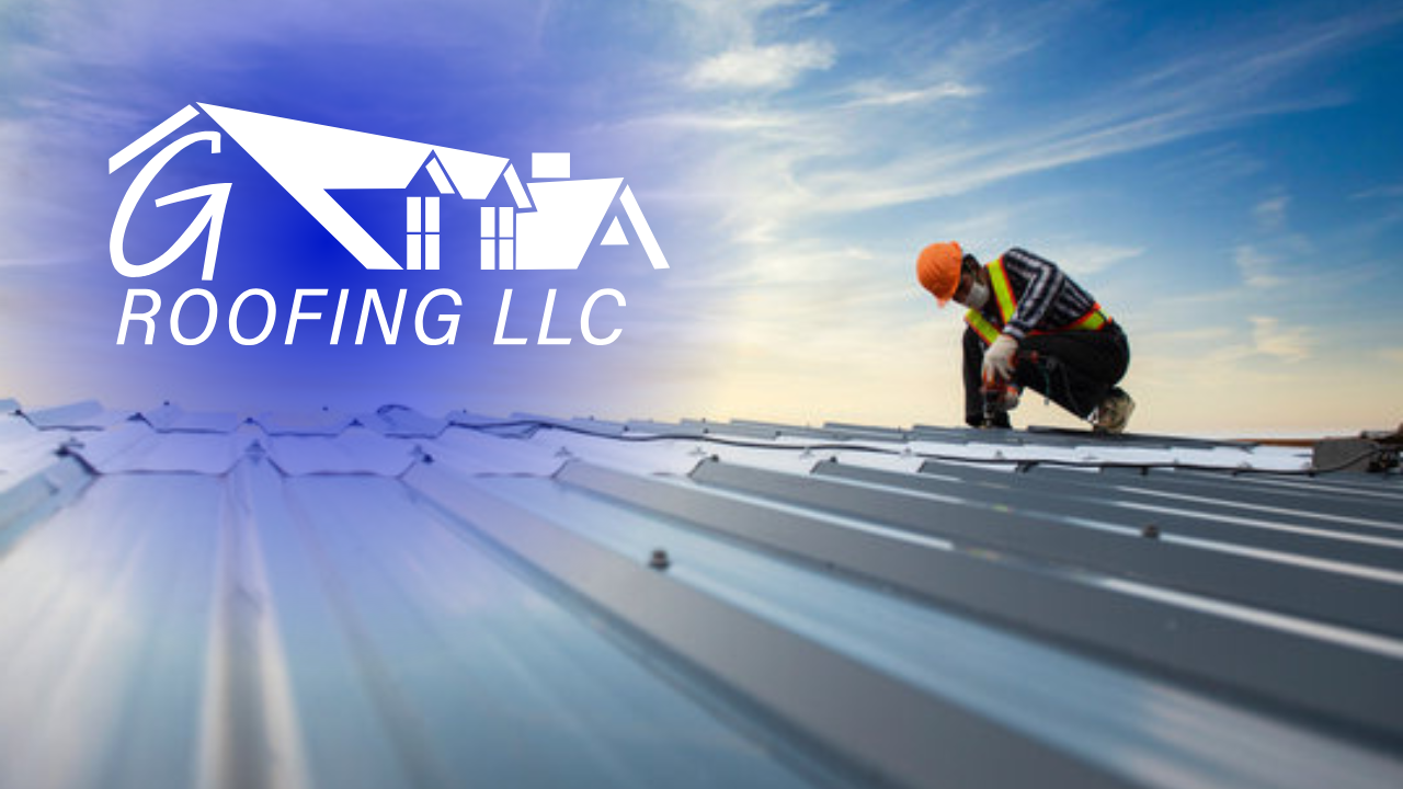 Roofing LLC logo over a roofer working on a metal roof under a blue sky