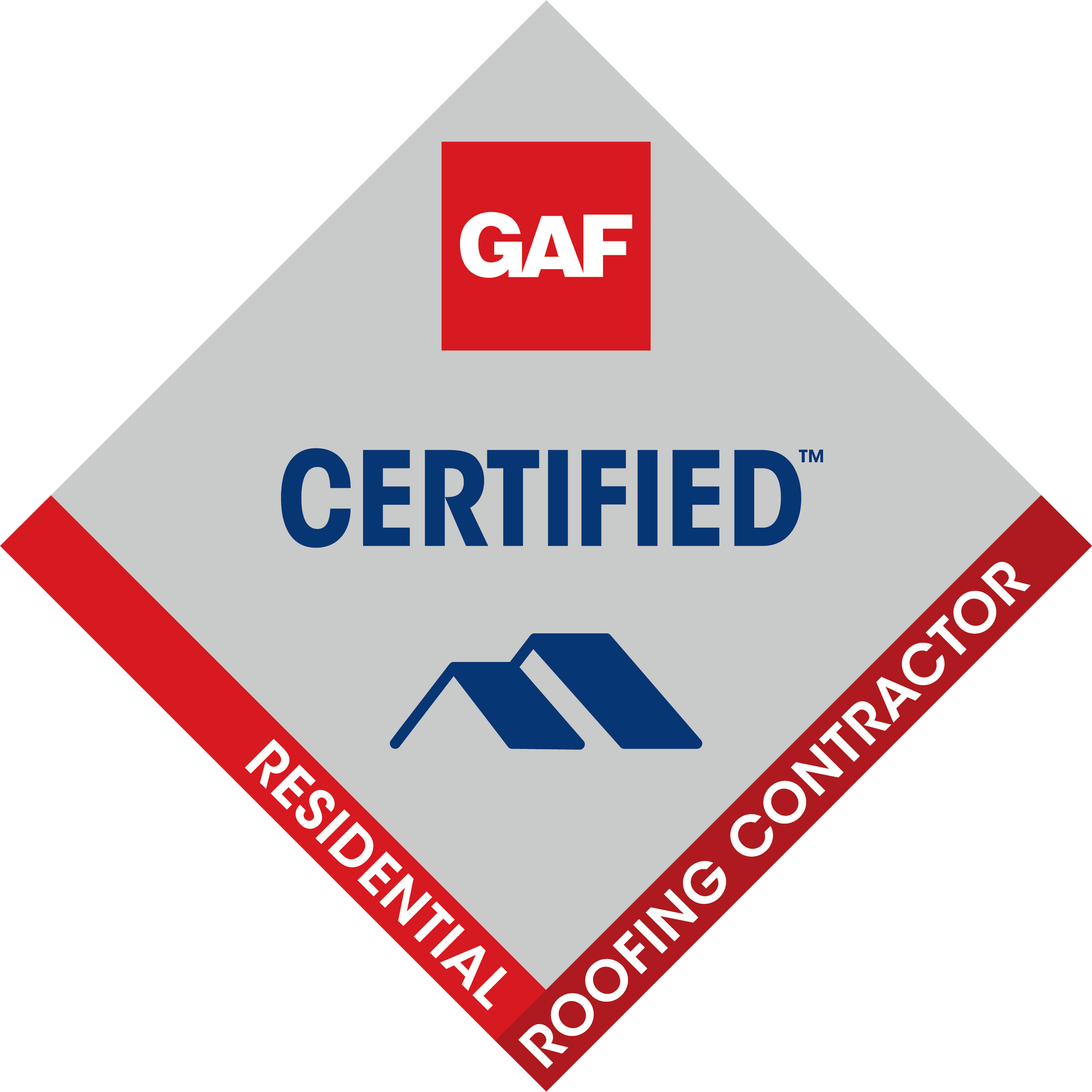 GAF Certified Residential Roofing Contractor badge. Red and gray diamond with text and roof icon.