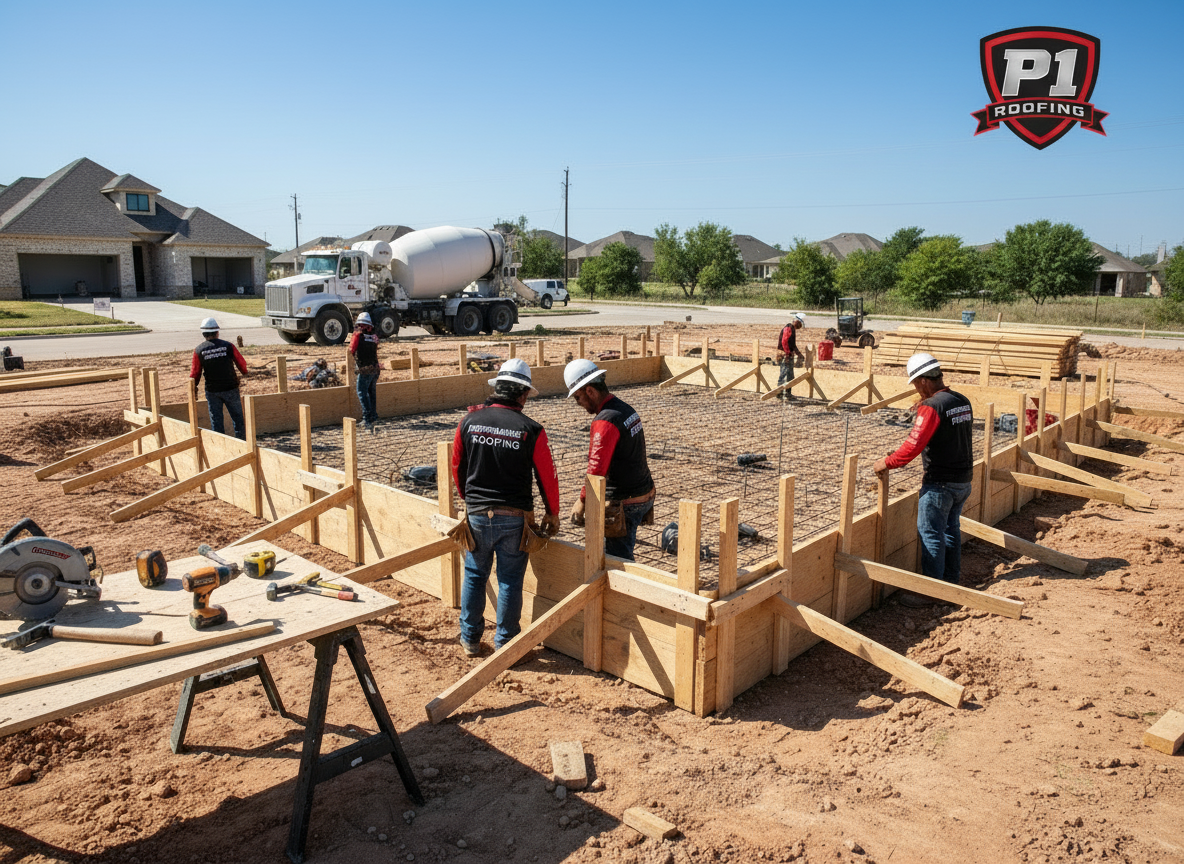 Construction workers pouring concrete foundation at a building site. Workers in red shirts, concrete truck, and wooden forms.