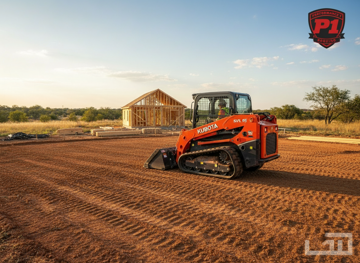 Orange Kubota track loader on a construction site, grading soil near a partially built wooden structure on a sunny day.
