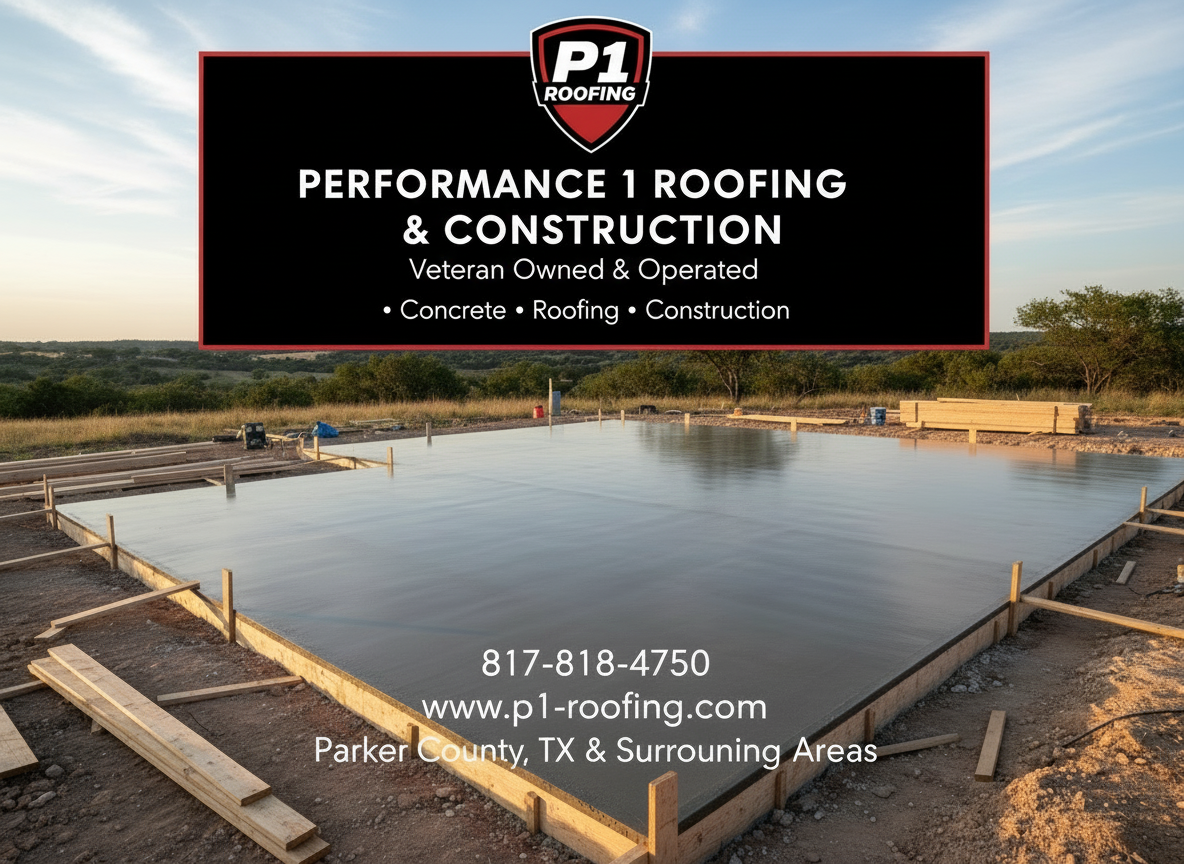 Advertisement for Performance 1 Roofing & Construction, showing a concrete slab, with company logo and contact info.
