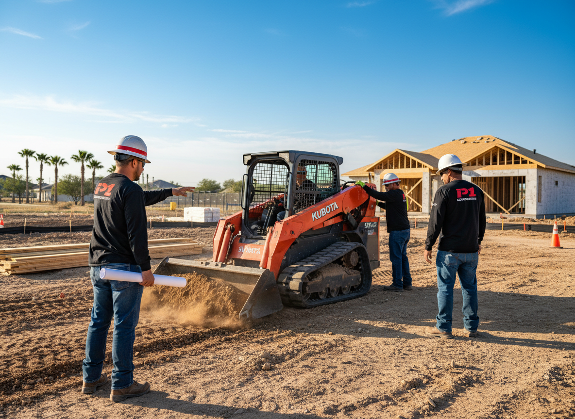 Construction workers operating a skid steer on a building site, preparing the ground for construction.