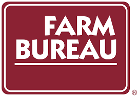 Red sign with white text: FARM BUREAU.