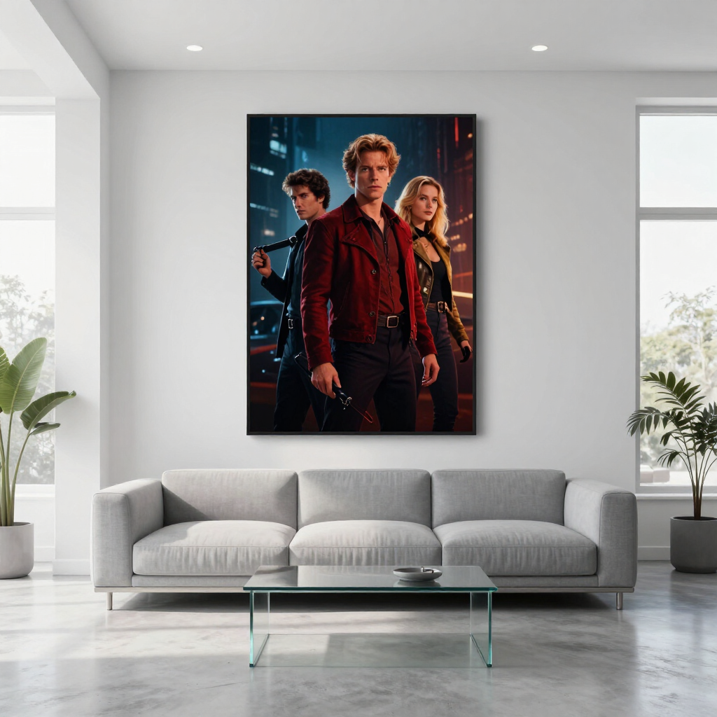 Poster on a bright wall above a gray sofa in a modern living room, featuring three people in dramatic lighting