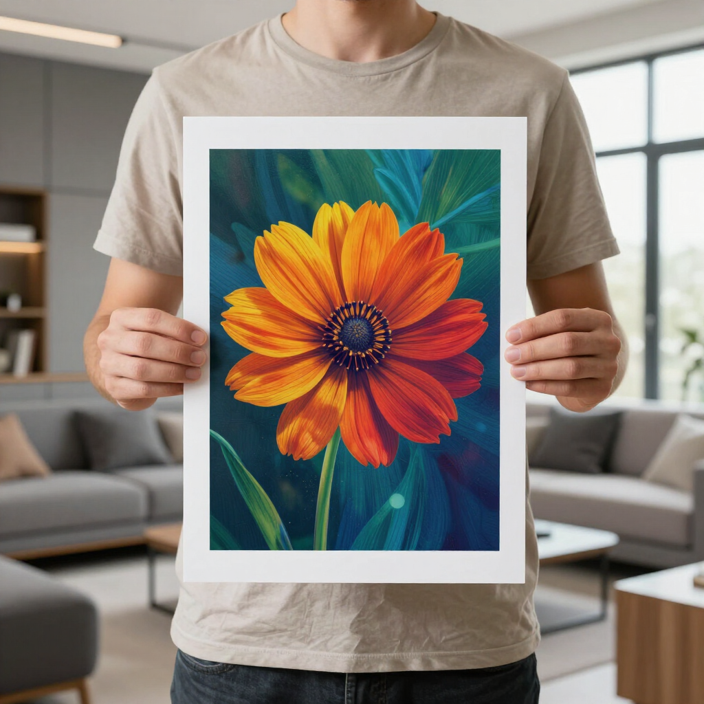 Person holding a print of a vibrant orange flower in a living room.