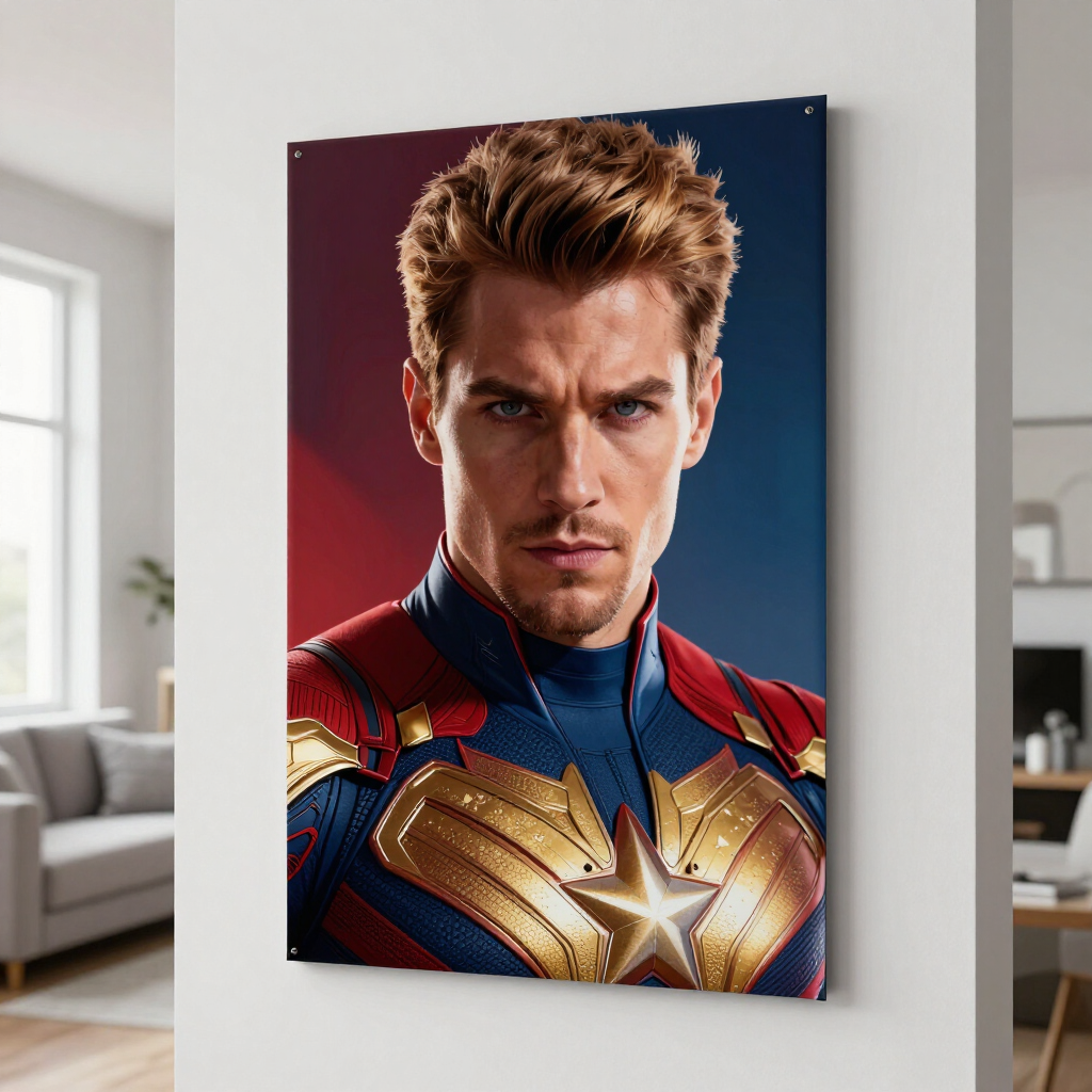 Framed superhero portrait with a stern expression in blue, red, and gold costume on a wall