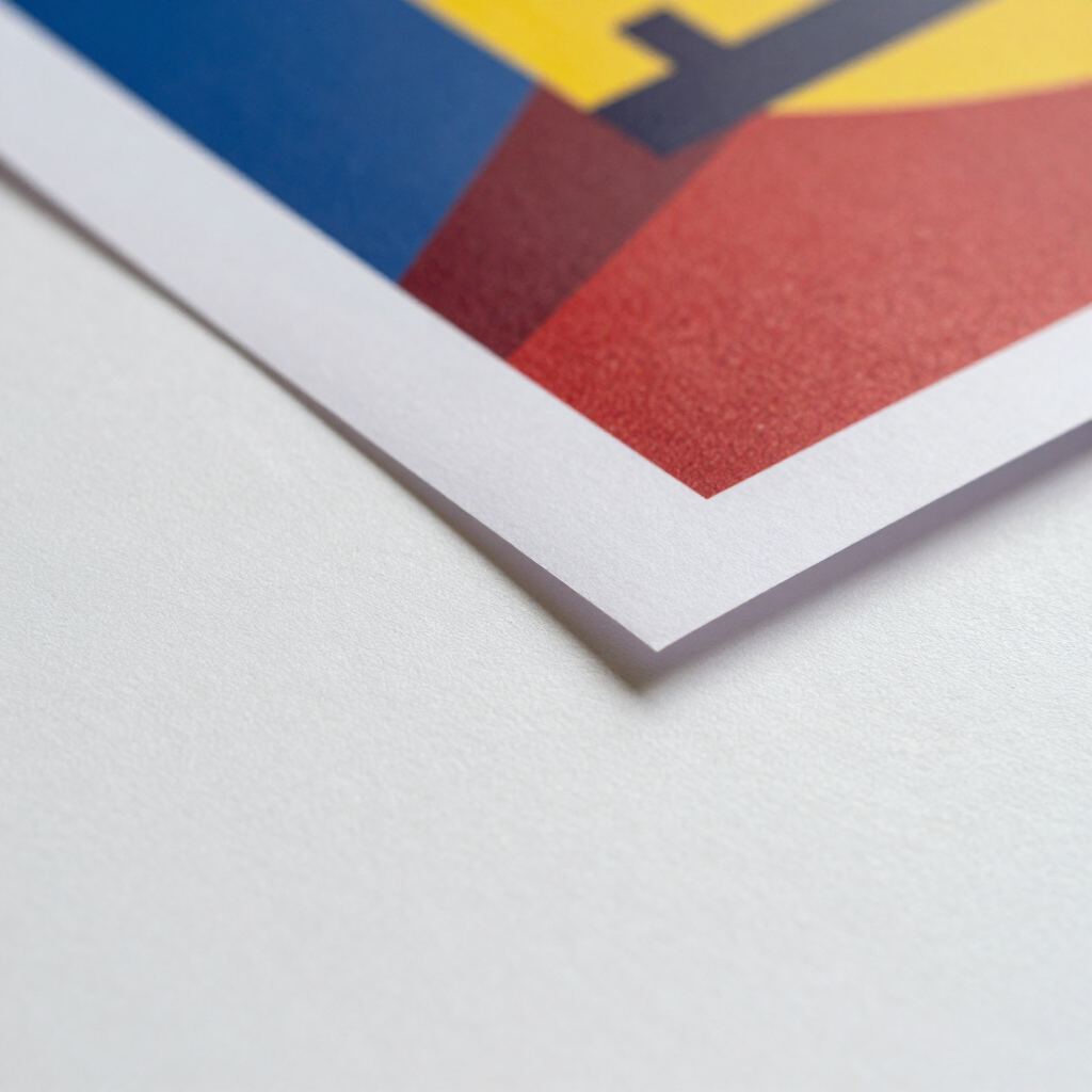 Close-up of a printed page with a red, blue, and yellow geometric corner on a white background
