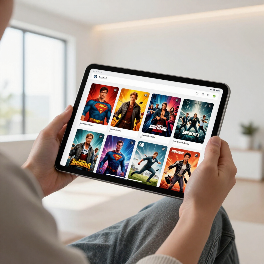 Person holding a tablet showing a grid of superhero movie posters
