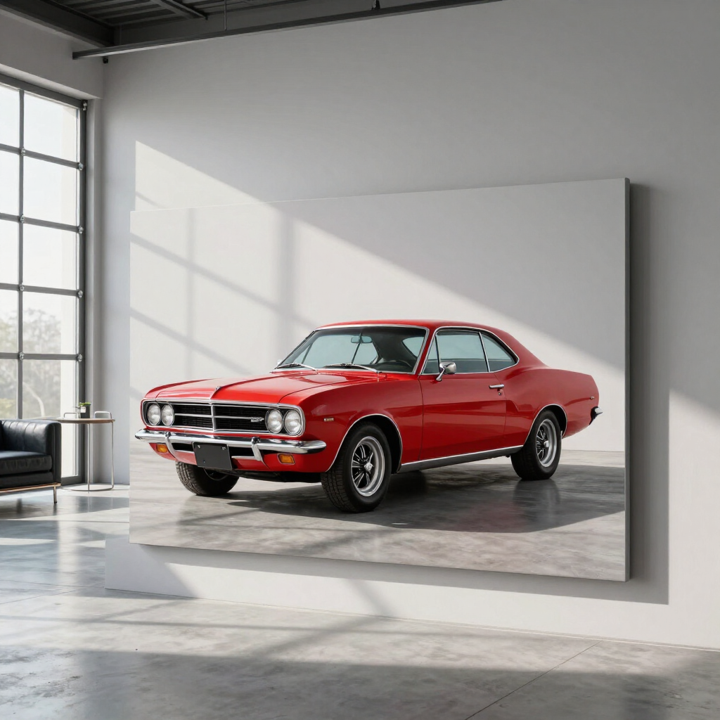 Red classic muscle car displayed on a wall in a bright modern room