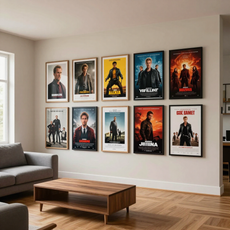 Living room wall with eight framed movie posters above a gray sofa and wooden coffee table