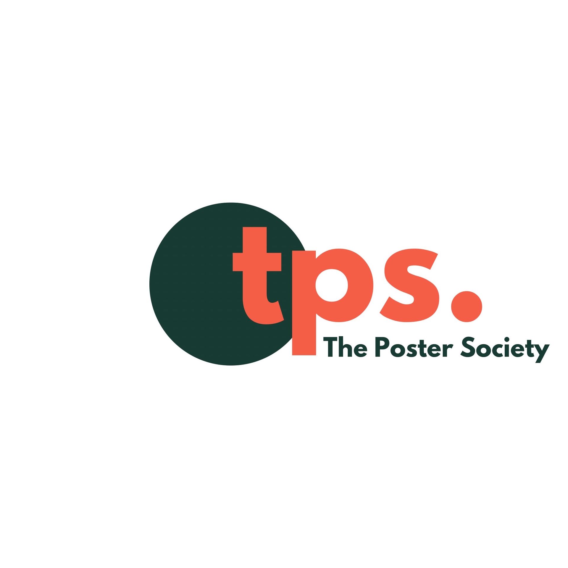 Logo for The Poster Society: coral “tps.” over a dark green circle on a white background.