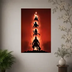 Abstract red poster with stacked silhouetted figures and glowing light in a framed wall print