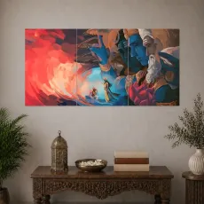 Abstract colorful painting above a carved console table with decor in a softly lit room