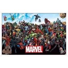 Marvel superheroes collage with Hulk, Spider-Man, Thor, Iron Man, and others above a red MARVEL logo