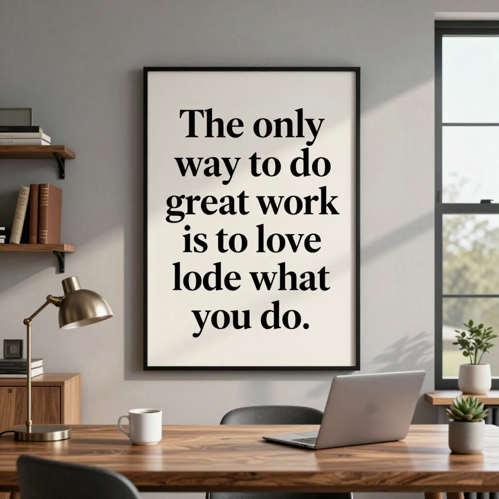 Home office desk with laptop and lamp beneath a framed motivational quote on the wall