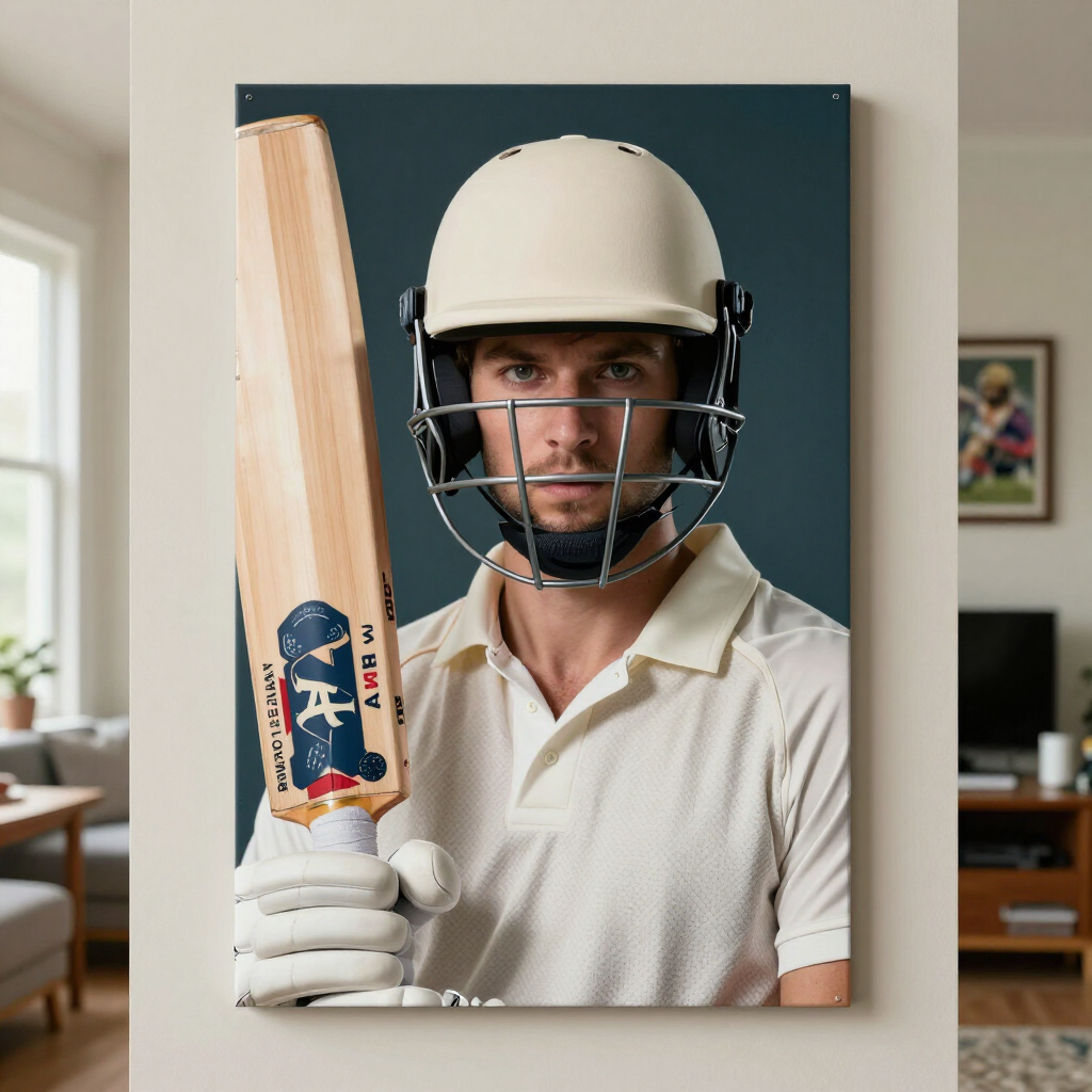 Cricketer in white gear holding a bat, wearing a helmet and gloves, standing indoors against a dark backdrop