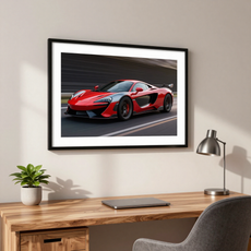 Desk with lamp and plant beneath a framed poster of a red sports car