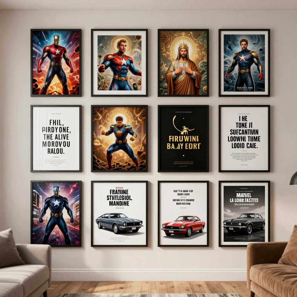 Framed superhero and car posters arranged in a grid on a wall above a couch and chairs