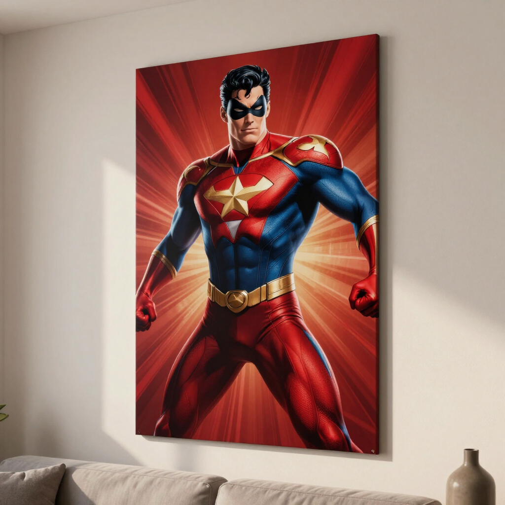 Framed superhero poster of a red-and-blue costumed man with a star emblem on a wall