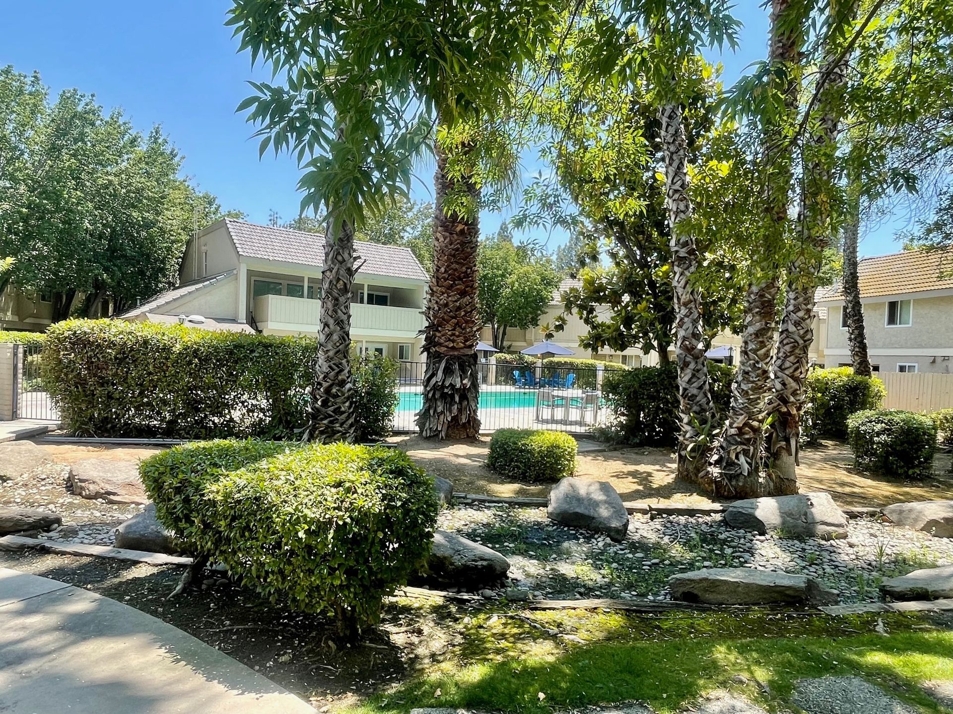 Pool and apartment buildings with landscaping under a bright blue sky.